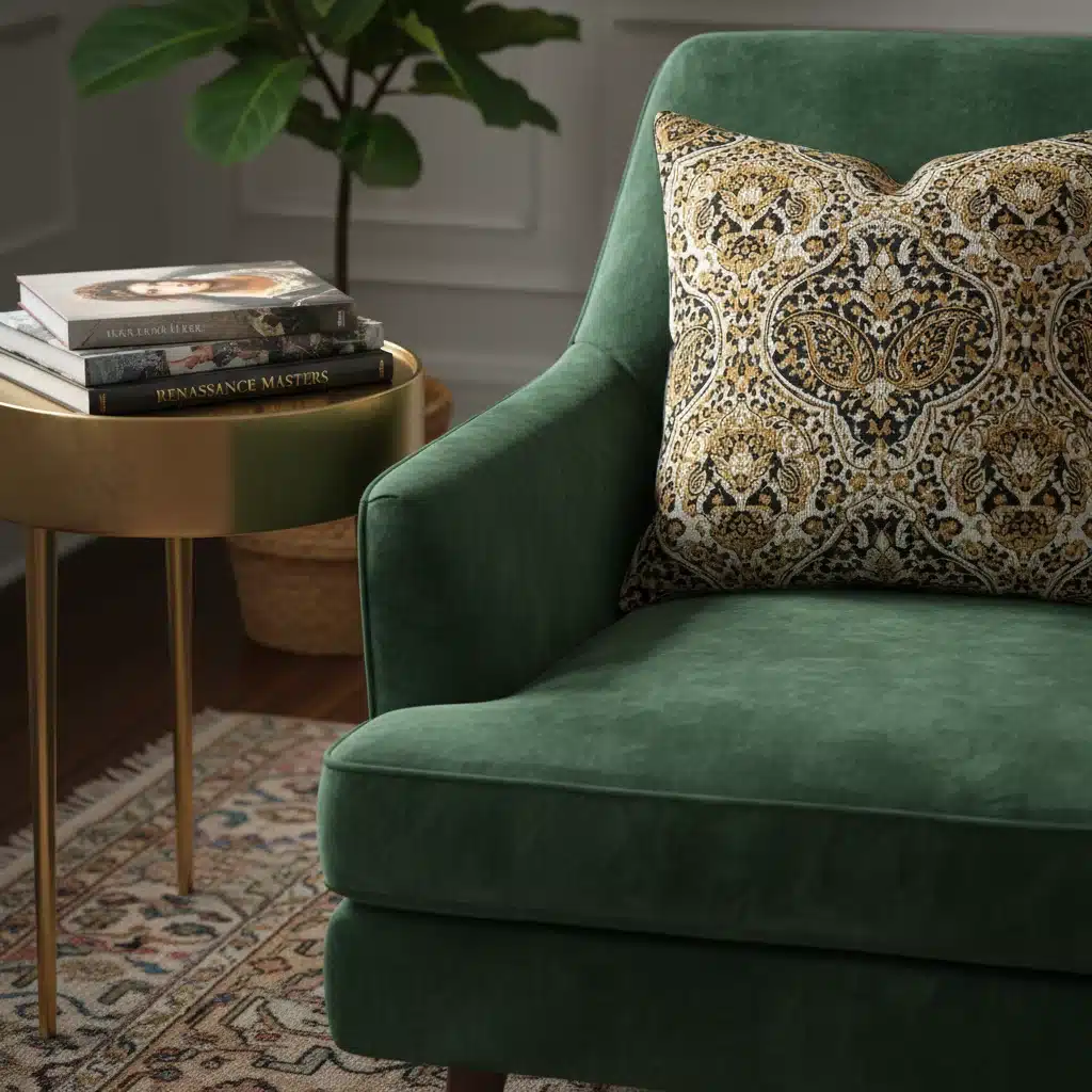 Emerald green velvet armchair with animal print pillow in maximalist setting