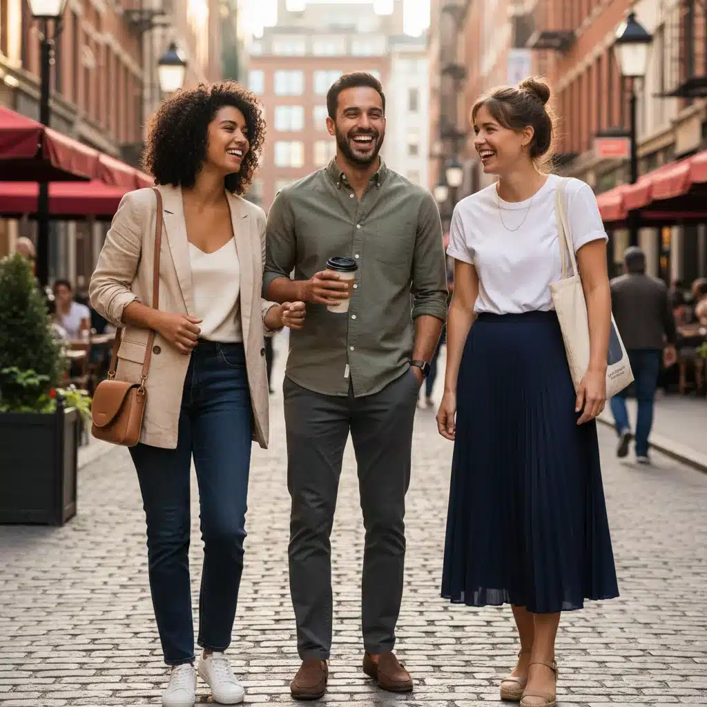 Friends showcasing versatile capsule wardrobe outfits in urban setting