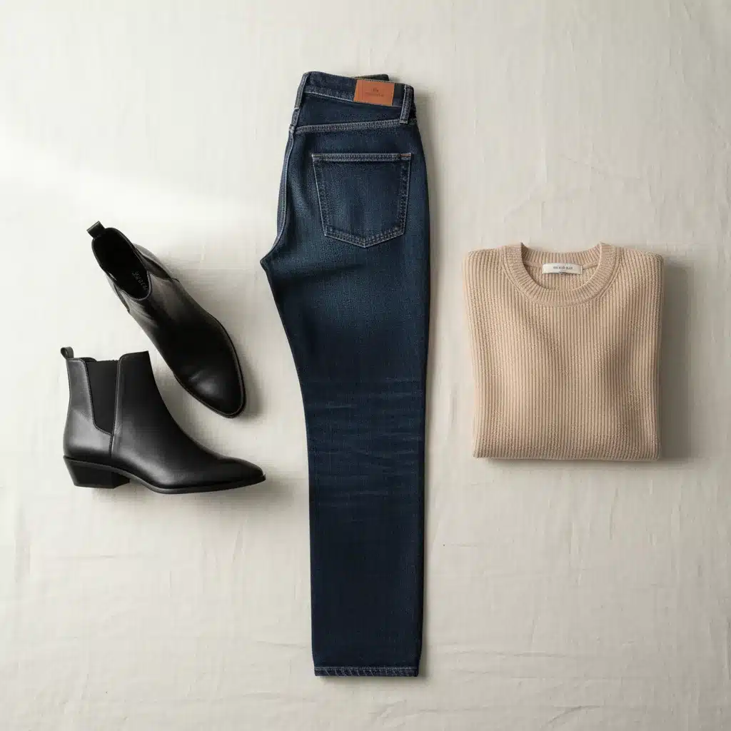 Flat lay of dark wash jeans, black ankle boots, and cashmere sweater