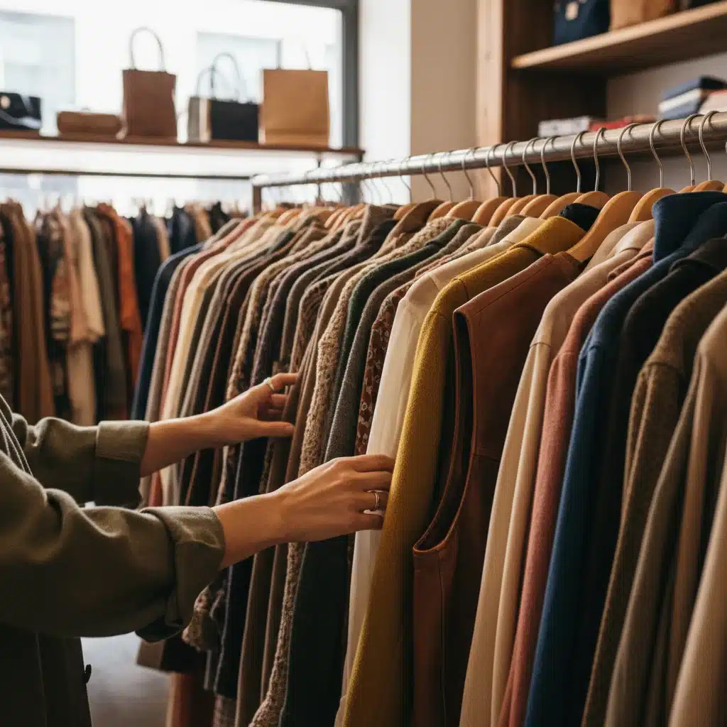 Hands exploring a rack of high-quality vintage clothing in a thrift store.