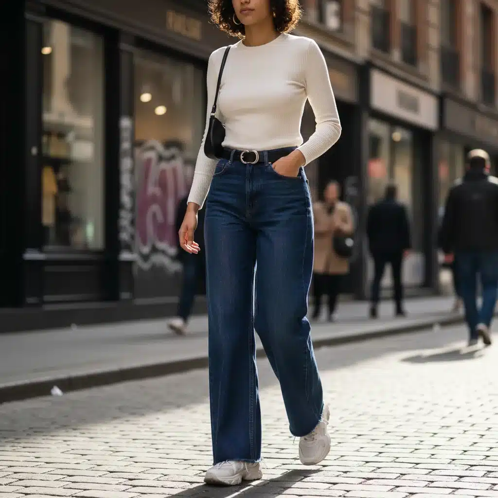 Person modeling wide-leg, high-waisted denim silhouette with an asymmetrical hem.