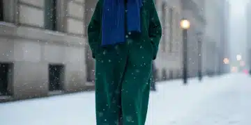 Woman in oversized wool coat and chunky knit scarf for winter fashion 2026