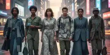 Diverse young adults displaying current American fashion trends on a city street.