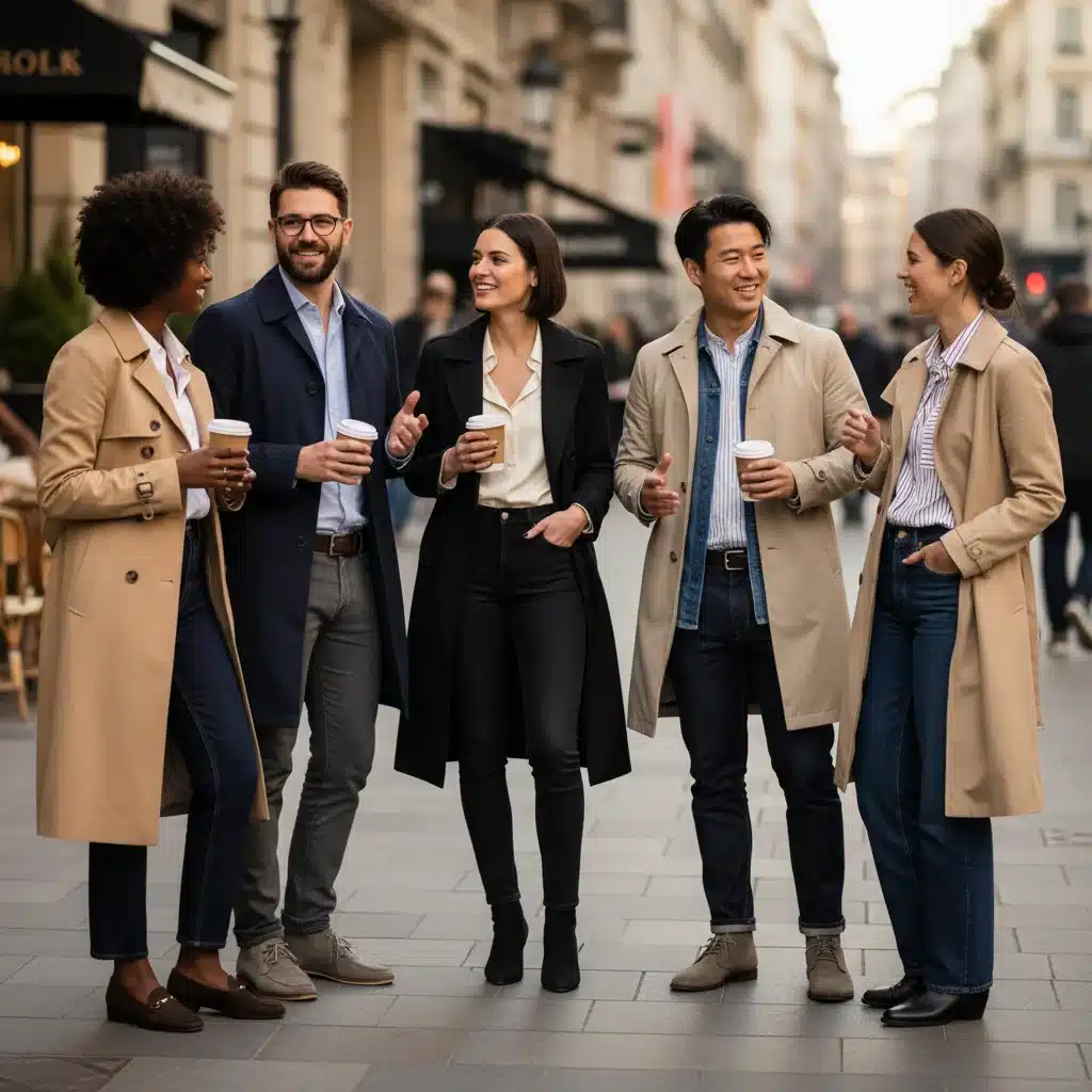 Diverse group wearing classic wardrobe staples with modern fit.