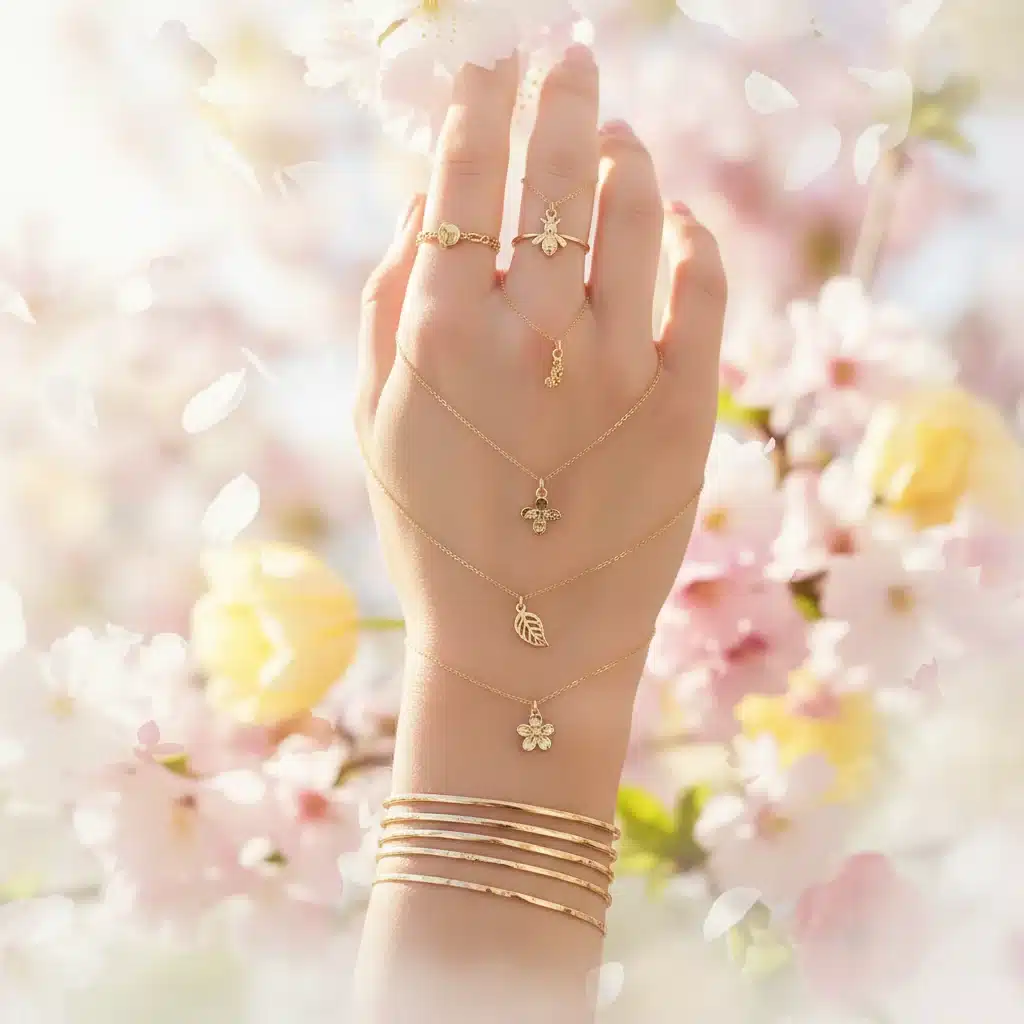 Close-up of layered delicate gold necklaces and bangles with floral background