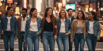 Diverse people wearing new denim cuts, showcasing fashion trends and market growth.