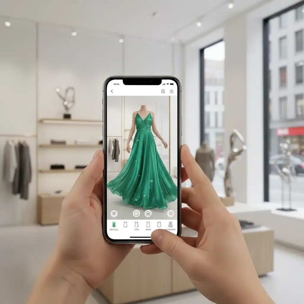 Hands using a virtual try-on app on a smartphone for digital fashion.