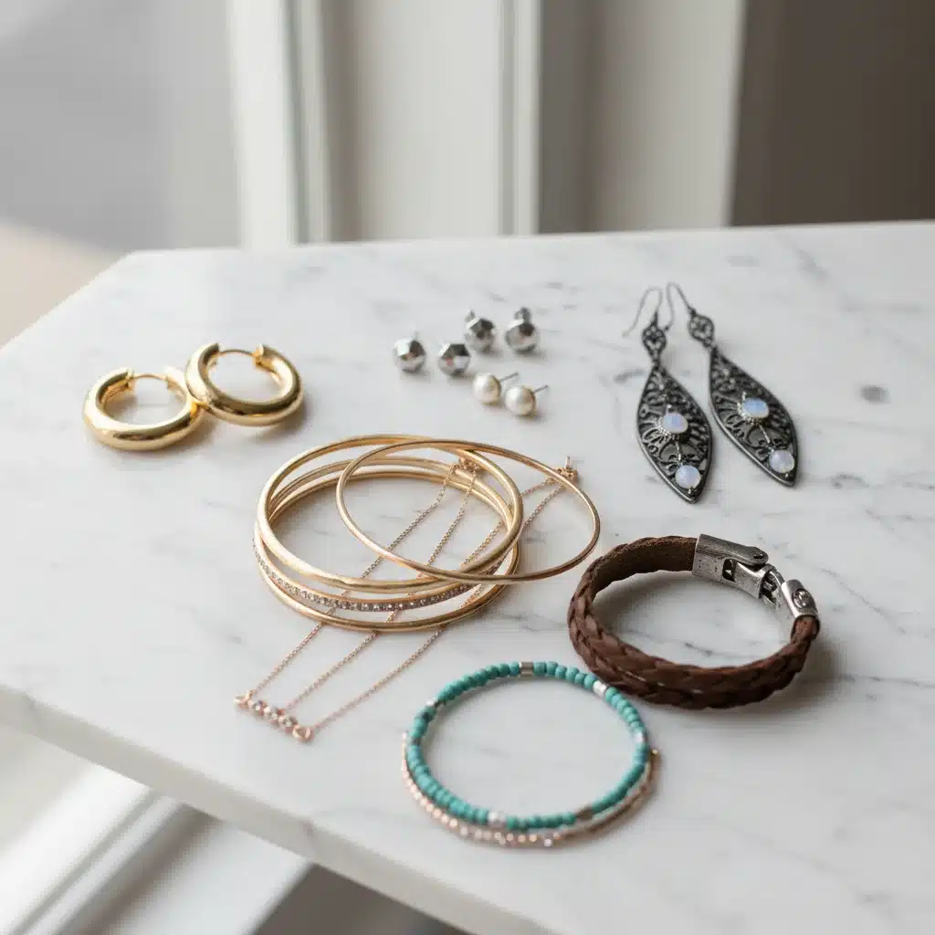 Assortment of earrings and bracelets on a white surface, highlighting diverse accessory options.