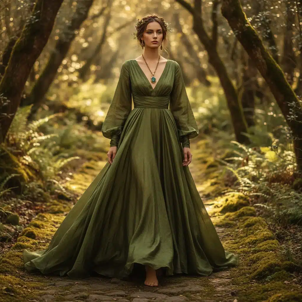 Model in earthy green dress, embodying nature-inspired fashion trends for 2026.