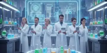 Futuristic skincare lab with glowing serums and healthy skin models.