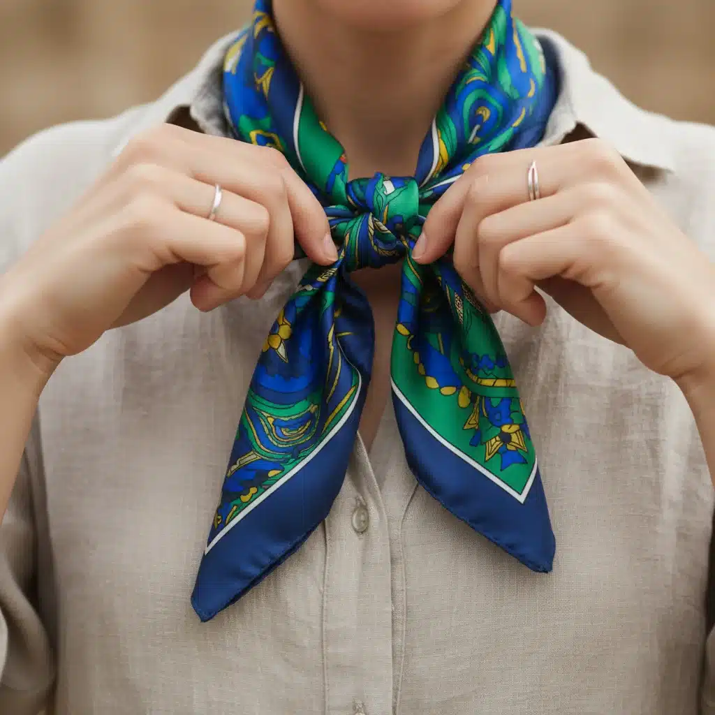 Hands tying a colorful silk scarf around a neck, demonstrating a versatile accessory.