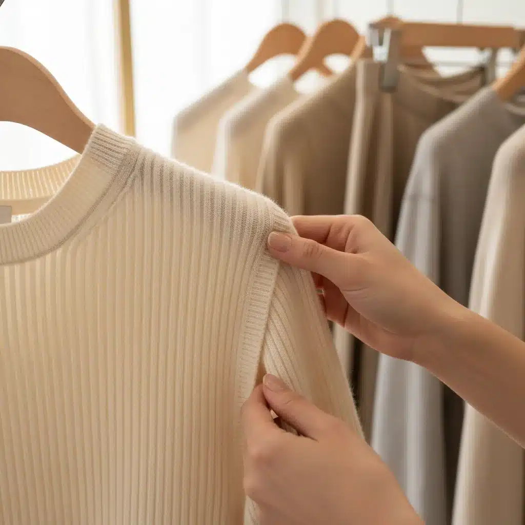 Hands inspecting the quality stitching of a cashmere sweater.