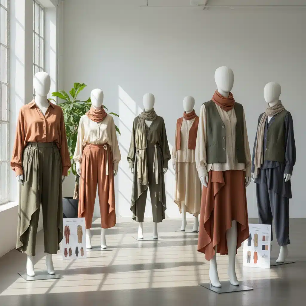 Modular and gender-neutral clothing collection on mannequins, showcasing versatility and inclusive design.