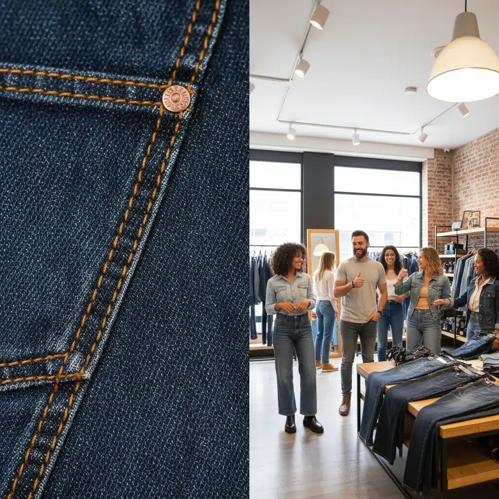 Close-up of new denim fabric and consumers trying on new styles in a store.