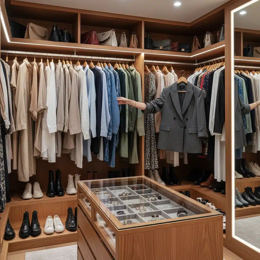 Organized wardrobe with versatile clothing and accessories