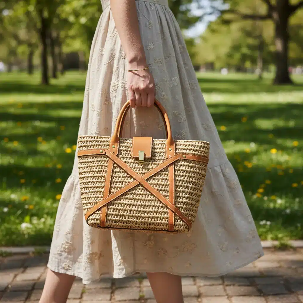 Model carrying a stylish straw tote bag in a spring park setting