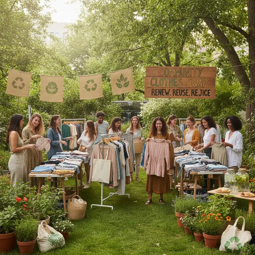 Community clothes swap promoting sustainable fashion practices outdoors.