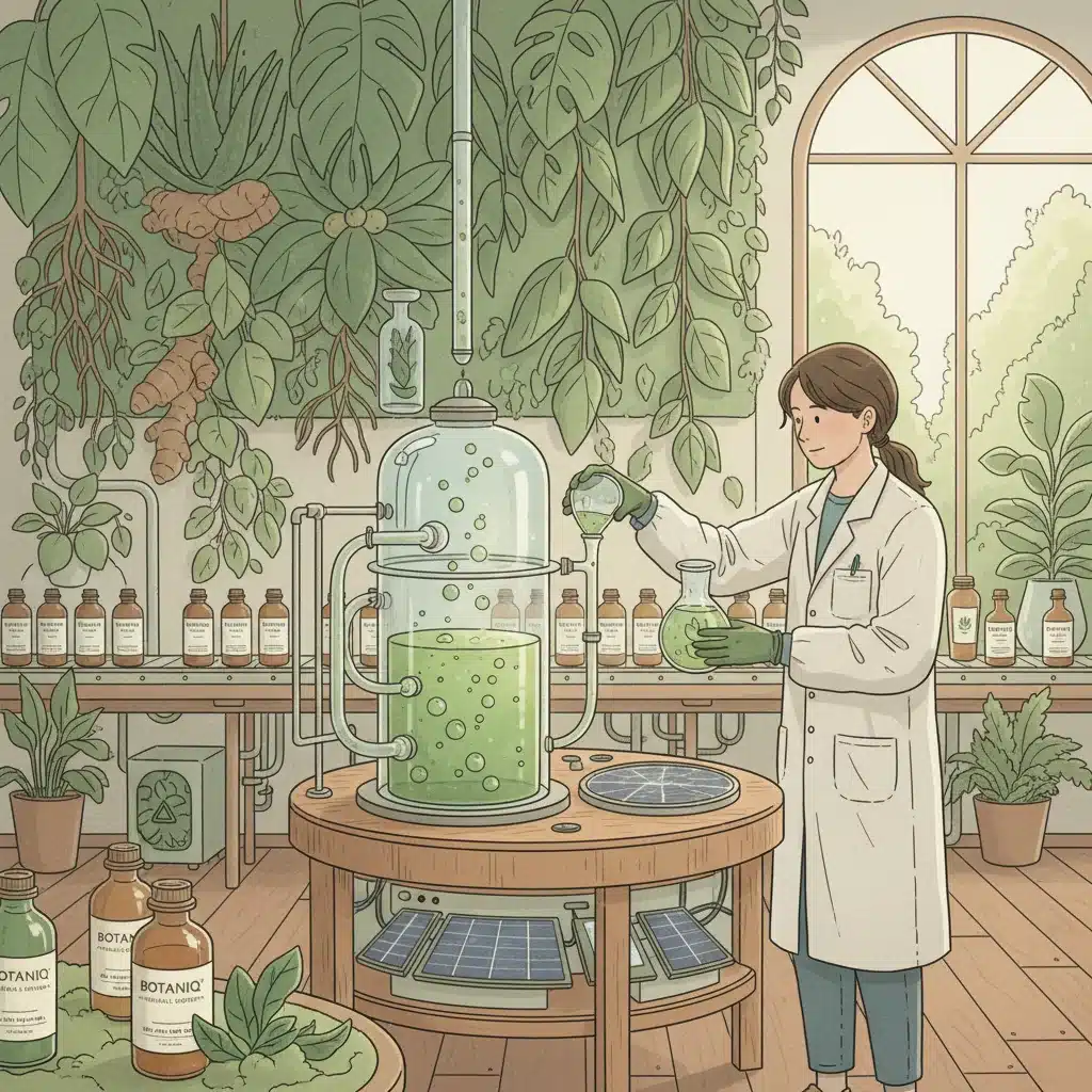 Sustainable plant-based ingredients in a modern eco-friendly lab.