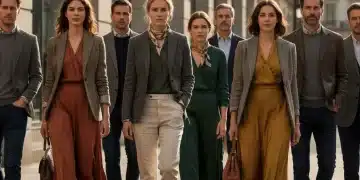 People wearing timeless, high-quality fashion in an urban environment.