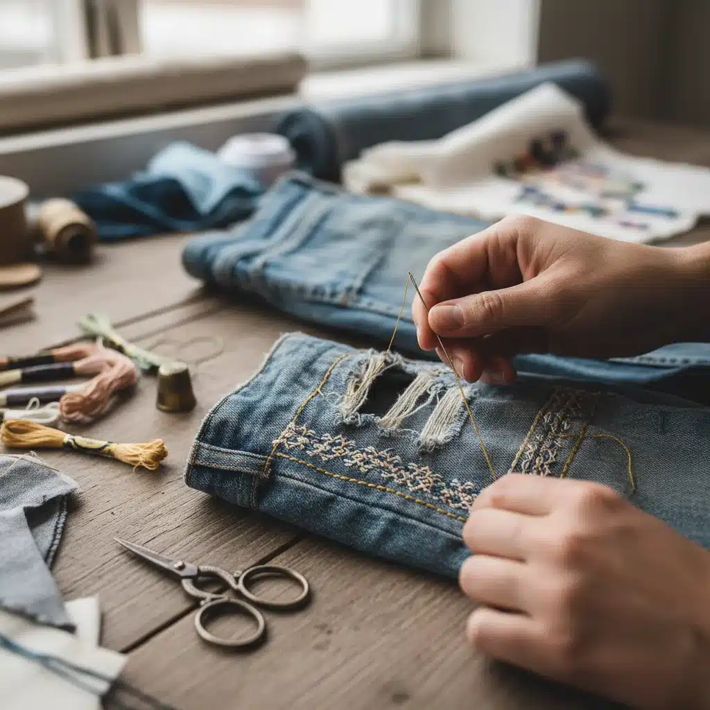 Hands mending jeans with decorative embroidery for upcycling